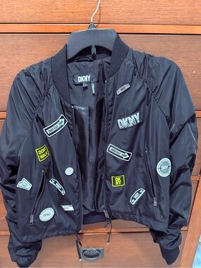 DKNY Black Bomber Jacket with Branded Patch Accents